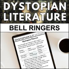 the cover of dystopian literature bell ringers, with coffee and tablet