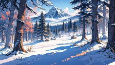 a painting of a snow covered forest with mountains in the background