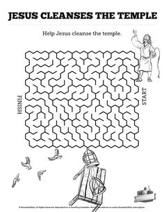 the jesus cleans the temple maze for kids to color and practice their bible skills