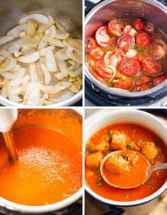 four pictures showing the process of making tomato soup with onions, tomatoes, and meatballs