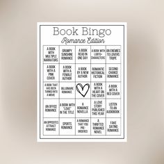 a book bingo game with the words romance written in black and white, on a beige background