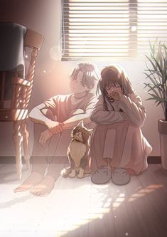 two children sitting on the floor in front of a window with a cat next to them