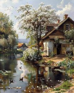 a painting of ducks swimming in a pond next to a house