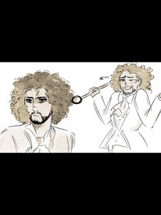 a drawing of two men with curly hair and beards, one is pulling on the tie