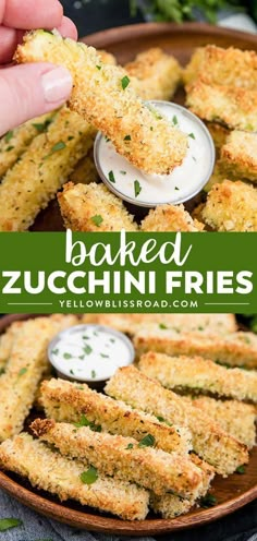 baked zucchini fries on a plate with dipping sauce