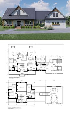 two story house plans with garage and living room on the first floor, one bedroom in the