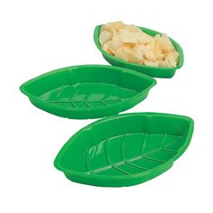 three green leaf shaped bowls with chips in the bottom one is filled with potato chips