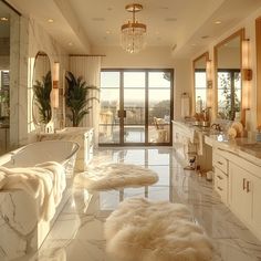 a large bathroom with white marble floors and walls, along with an oval bathtub