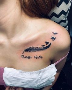 a woman with a tattoo on her shoulder that says, chasse suda and birds flying around