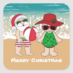 two cartoon characters are standing on the beach with santa claus and snowman behind them