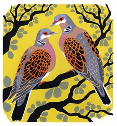 two birds sitting on top of a tree branch next to each other in front of a yellow background