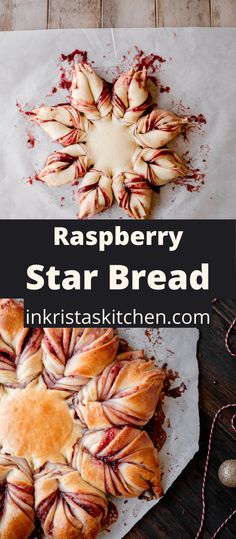 raspberry star bread is cut in half and ready to be eaten