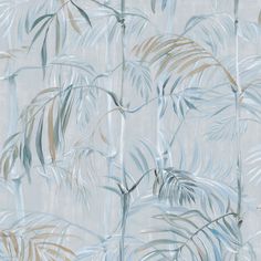 an artistic wallpaper with blue and beige leaves on grey background, including palm trees