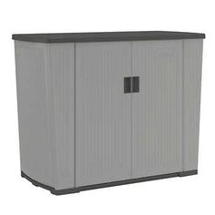 an outdoor storage shed with the door open and two doors closed, on a white background