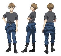 three different views of a man in blue pants and grey shirt with his hands on his hips