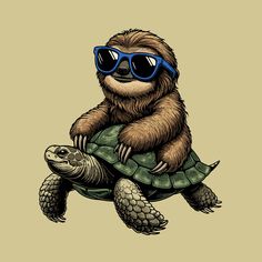 a slotty bear riding on top of a turtle wearing sunglasses and sitting on it's back