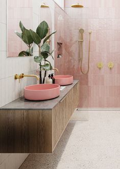 a bathroom with two pink sinks and a gold faucet in the shower area