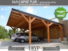 a car is parked under a wooden carport