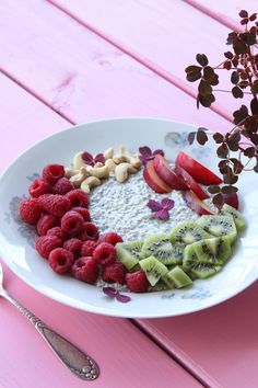 a white plate topped with fruit and cereal