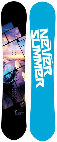 a snowboard with the words new summer on it and an image of mountains in the background