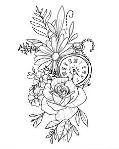 a drawing of flowers and an alarm clock