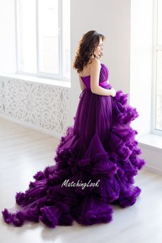 Purple Maternity Gown, Photoshoot Dress, Tulle Ruffle Dress Maternity gown in purple color with ruffled tulle bottom and train. Maternity dress is perfect for photo shoot. Pregnancy gown is tailored of 50 metres of soft tulle, has adjustable corset upper so can be used for different sizes. You can also order it as mother daughter matching set. Dress for daughter will cost 100 eur Dress is available in more than 100 colors. Contact me about color you wish. Dress is fully handmade, so some details Lavender Prom Dress With Ruffles, Lavender Ruffled Dress For Wedding, Purple Tulle Gown For Party, Purple Tulle Party Gown, Purple Ruffled Gown For Party, Lavender Tulle Dress With Ruffles, Purple Party Gown With Ruffles, Purple Tulle Skirt Prom Dress, Purple Tulle Dress With Ruffles