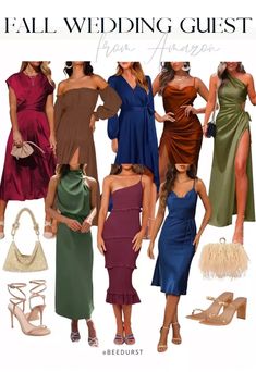 several different dresses and shoes are featured in this ad