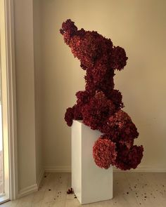 a white vase with red flowers in it sitting on the floor next to a doorway