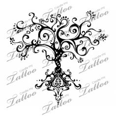 a black and white tree with swirly branches on it's face, in the shape