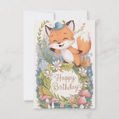 a happy birthday card with an image of a fox