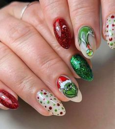 Deck your nails with festive flair! 🎅✨ Explore Grinch and Santa Claus-inspired Christmas nail art designs for a merry and playful touch. Elevate your holiday style with vibrant colors and whimsical details. Spread joy or mischief—choose your vibe! Transform your fingertips into a festive masterpiece and make a statement this season. Perfect for celebrations, these enchanting designs capture the essence of Christmas cheer. 🌟💅 Christmas Elf Nail Art, Grinch Themed Nails, The Grinch Nail Art, Simple Grinch Nails, The Grinch Nails, Grinch Nails Designs, Grinch Christmas Nails, Grinch Nail Art, Elf Nails