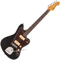 an electric guitar with a black body and gold hardware on it's neck, in front of a white background