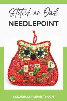 an owl needlepoint bag with the words stitch an owl needlepoint on it, in red