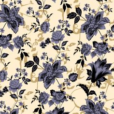 a blue and white floral pattern with black leaves on a beige background is featured in this image