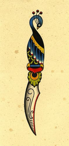 an artistic drawing of a knife with a bird on it's head and the tail