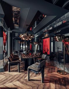 a room filled with lots of wooden furniture and chandelier hanging from the ceiling