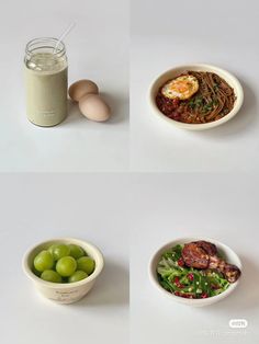 four bowls with different foods in them and one bowl containing eggs, the other filled with vegetables