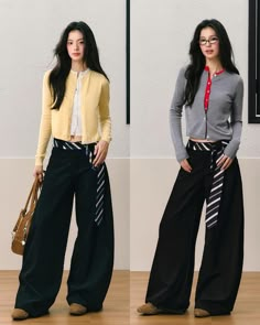 Cardigan Tied Around Shoulders, Black And White Outfit Ideas Casual, Slacks Outfit For Women, Black Casual Outfits Women, Neck Tie Outfits For Women, Modest Pants Outfits, Black Dress Pants Outfit, Chinese Outfits Fashion, Outfit Inspo Pants