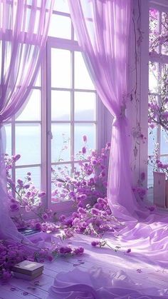 a room with purple curtains and flowers on the floor