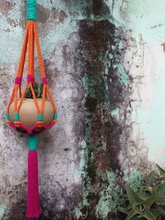 an orange and pink macrame hanging from a hook on a wall next to a succulent plant