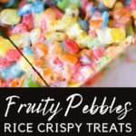 a pile of rice crispy treats sitting on top of a white plate with the words fruity pebbles