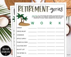 a printable retirement worksheet with palm trees and coconuts on the side