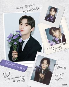 an image of a man holding flowers in front of him and the words happy birthday