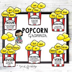 popcorn poster with words and pictures on it