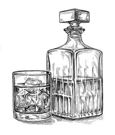 a drawing of an old fashioned liquor bottle next to a glass filled with ice cubes