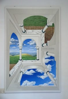 an open window with blue sky and clouds painted on the wall above it, as if looking out