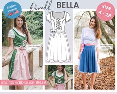 Oktoberfest DIY - Get ready for Oktoberfest with our Dirndl workshop and sew your very own Bavarian Dirndl. The dirndl workshop includes: * A4 PDF sewing pattern (print at home) for the Dirndl Dress Bella from US size 4 - 18 (EU Size 32 - 46) in two cup-sizes (A/B-Cup and C/D+-Cup) for a perfect fit * A4 PDF sewing pattern (print at home) for a circle skirt and tutorial for traditional pleated skirt (you can decide which skirt you want) * A4 PDF sewing pattern (print at home) for the Dirndl Blou Dirndl Dress Pattern, Dirndl Pattern, Dirndl Skirt, Oktoberfest Costume, German Folk, Dirndl Blouse, Folk Dress, Dress Patterns Free, Dirndl Dress