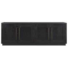 a black cabinet with gold handles and doors on the front, against a white background