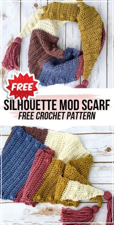 the free crochet scarf pattern is shown in two different colors and has fringes on