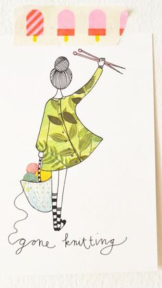 a card with an illustration of a woman holding a umbrella and knitting needles in her hand